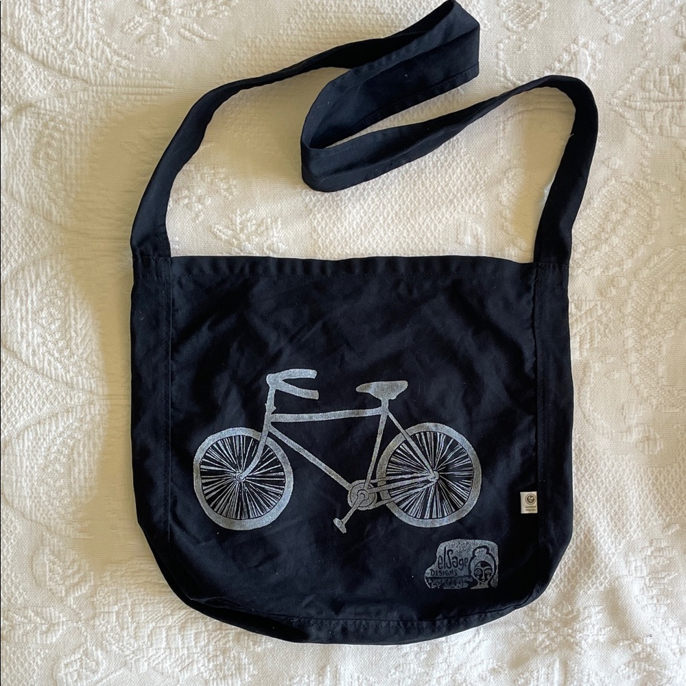 Black Messenger Bag with Silver Bicycle Graphic